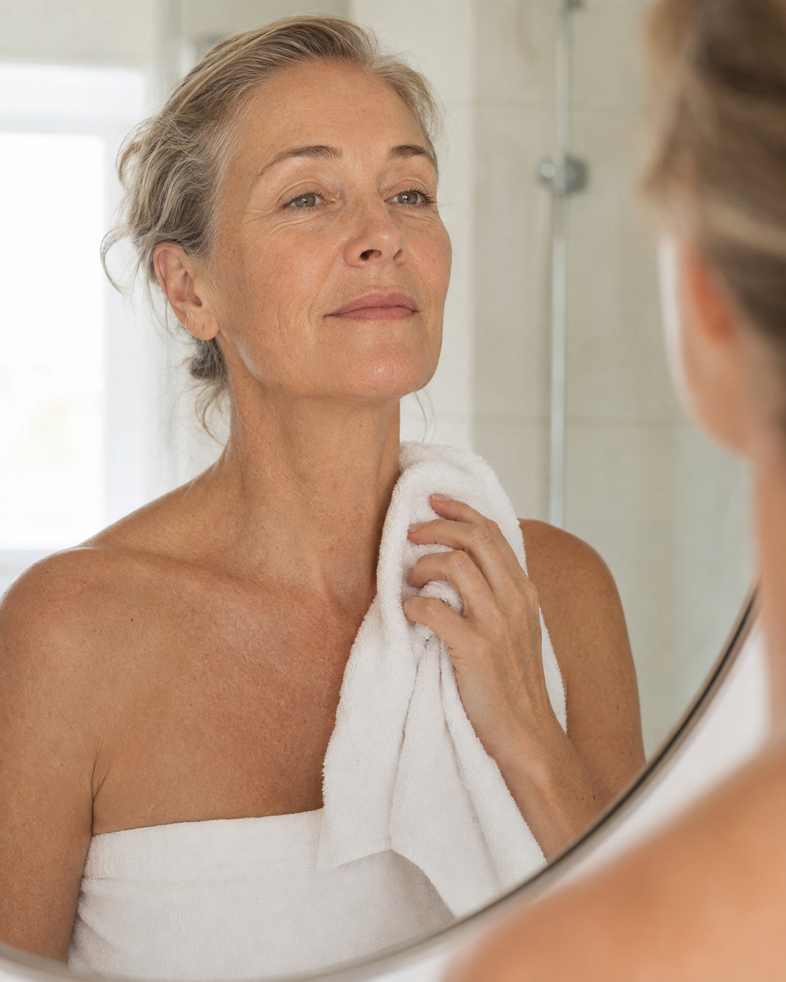 Woman patting her neck dry